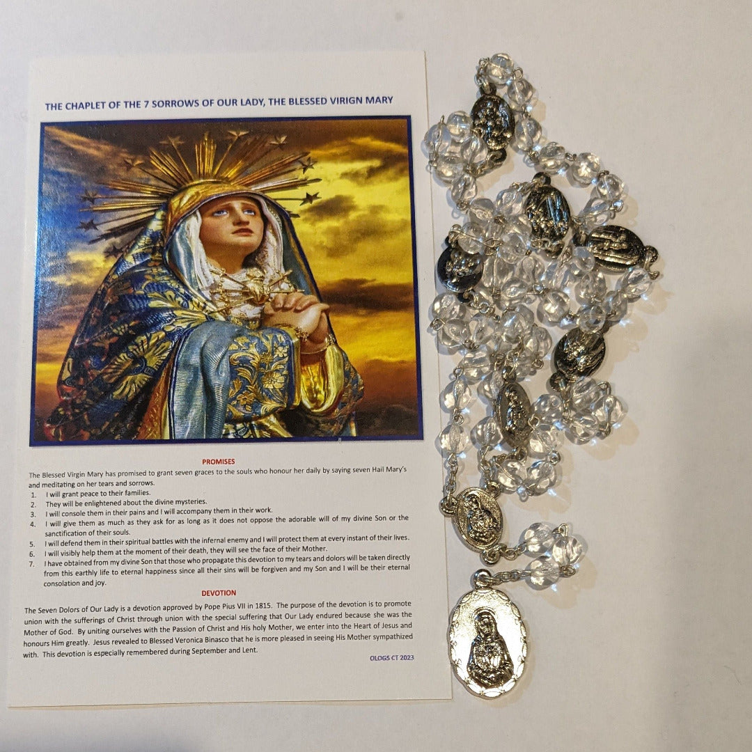 THE CHAPLET OF THE SEVEN DOLOURS OF OUR LADY IN HANDMADE SILVER CRYSTAL BEADS ROSARYWITH PRAYER CARD