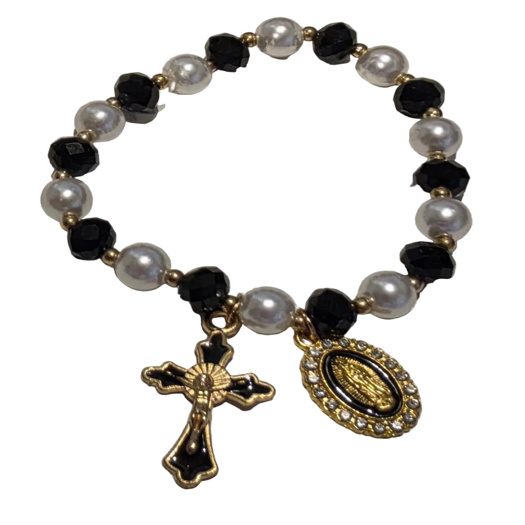 BLACK CRYSTAL GOLD BRACELET WITH PEARLY BEADS