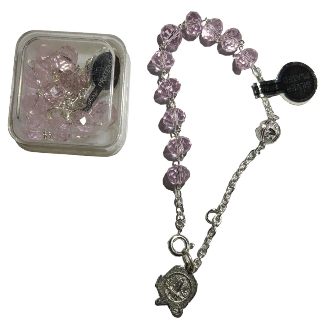 SILVER PLATED BRACELET ROSARY IN PINK CRYSTAL BEADS