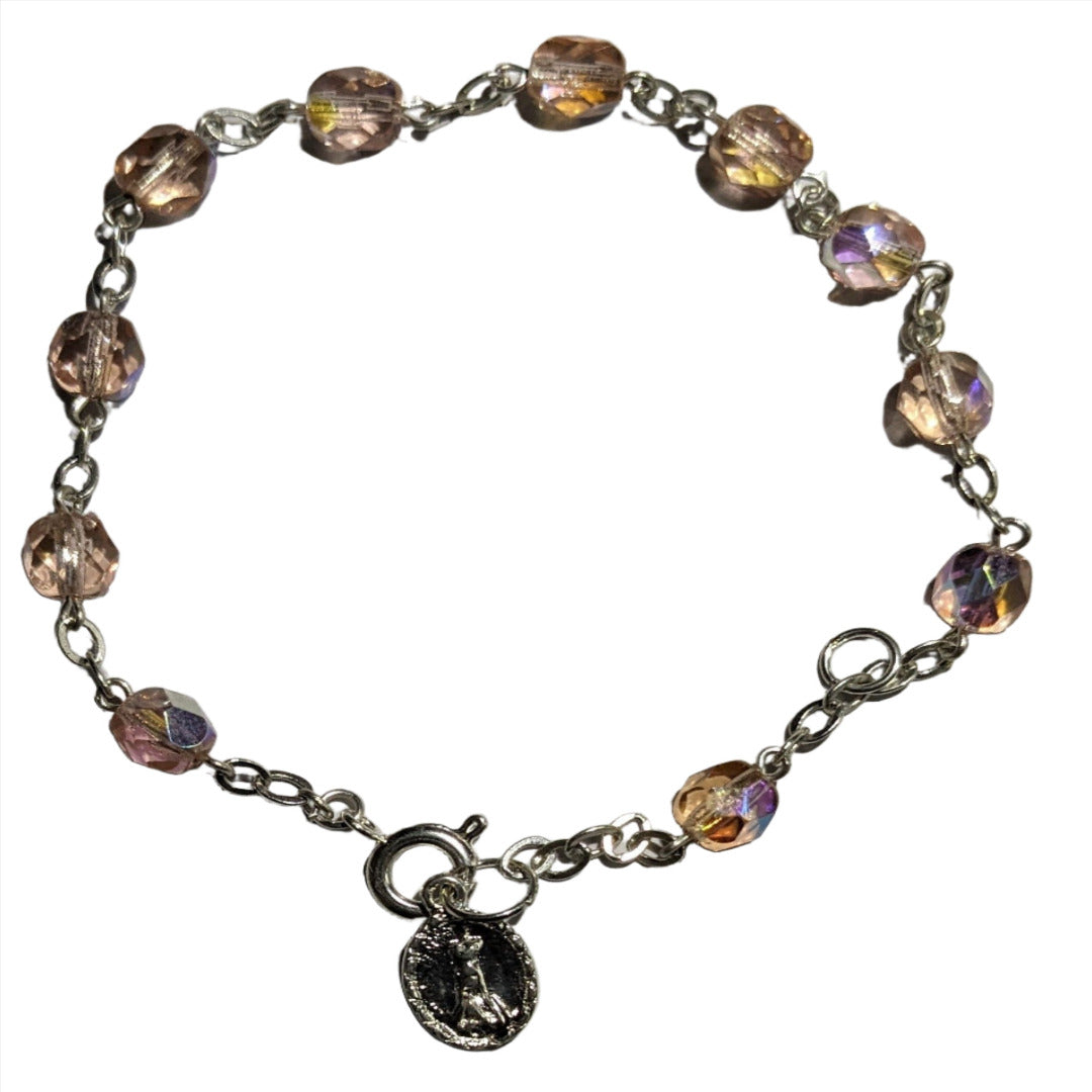 BRACELET ROSARY IN SILVER PINK CRYSTAL GLASS BEADS