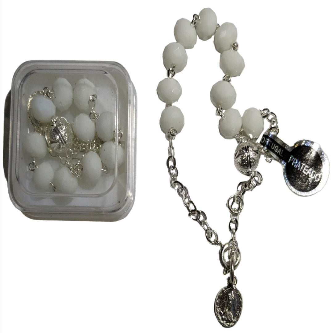 SILVER PLATED BRACELET ROSARY IN WHITE GLASS BEADS
