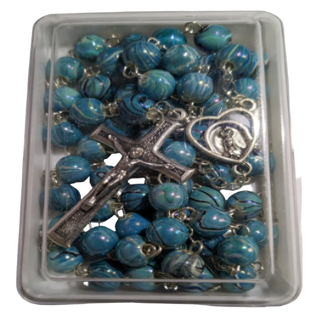 SILVER BLUE SWIRL BEADS ROSARY