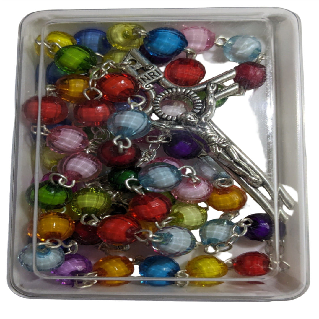 SILVER MULTI-COLOURED BEADS ROSARY