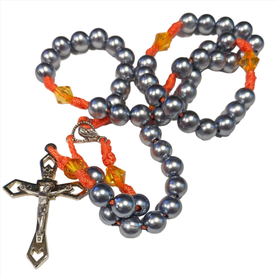 HANDMADE ORANGE CORD ROSARY IN PEARLY GREY BEADS