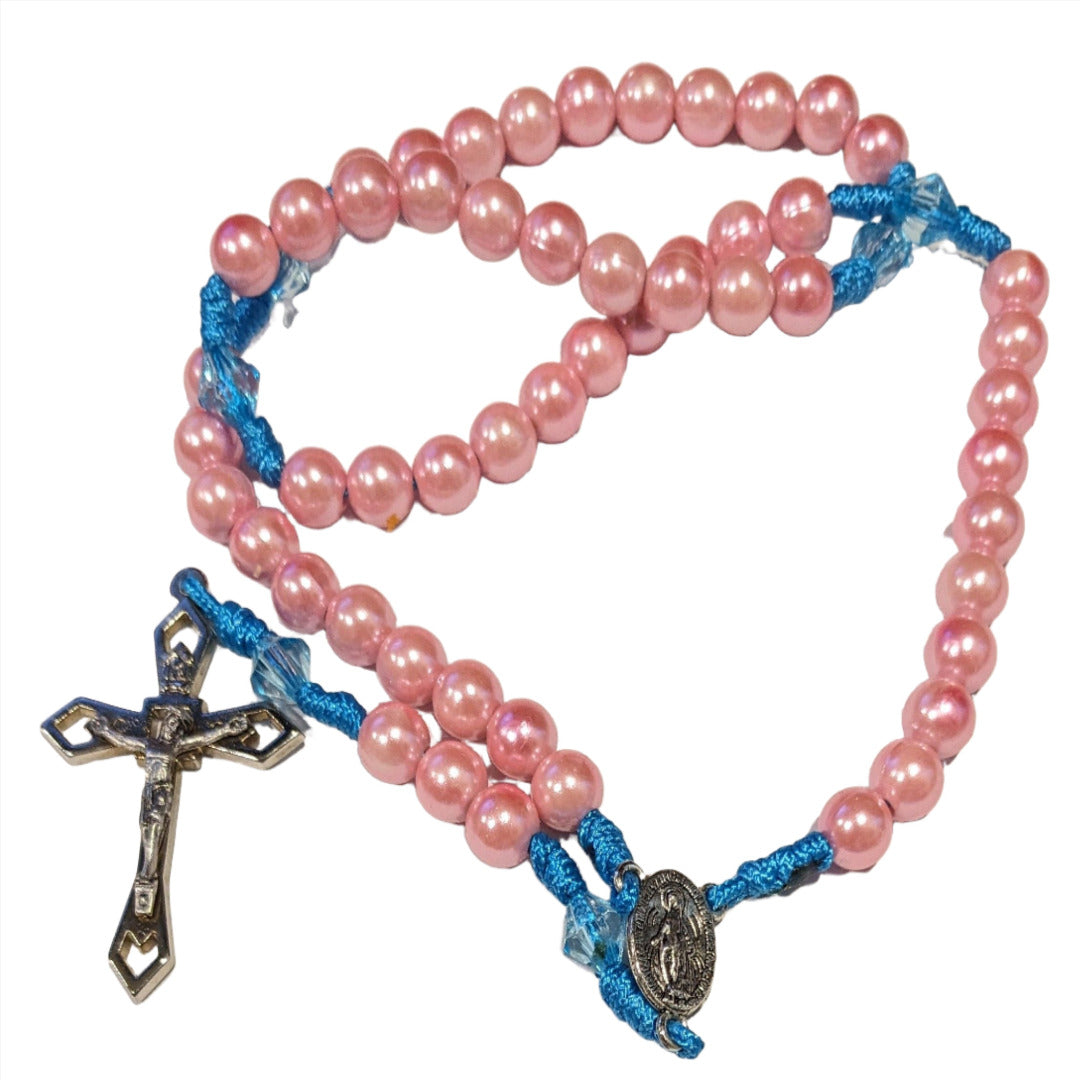 HANDMADE BLUE CORD ROSARY IN PEARLY PINK BEADS
