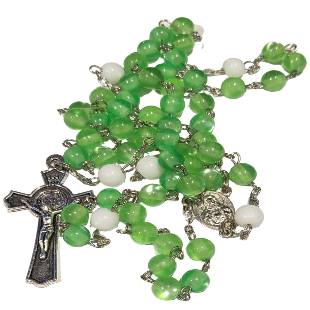 HANDMADE LONG ROSARY IN SILVER GREEN AND WHITE GLASS BEADS