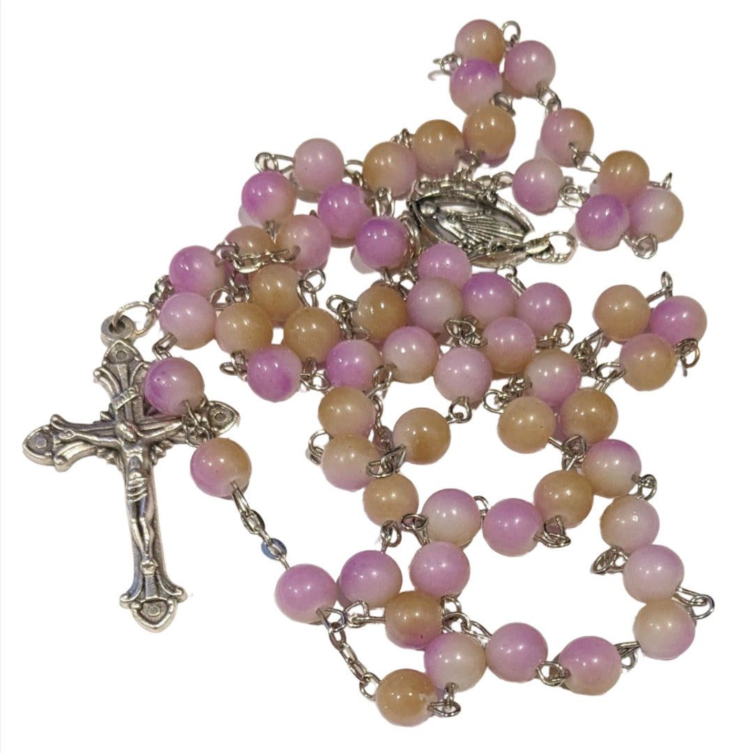 HANDMADE LONG ROSARY IN PINK GLASS BEADS