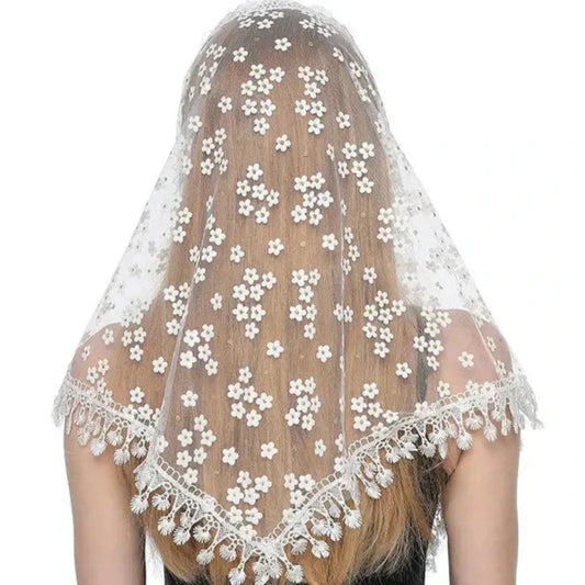CHURCH VEIL OR MANTILLA IN WHITE TRIANGLE SHAPE WITH FLORAL DESIGN AND FRILL EDGE