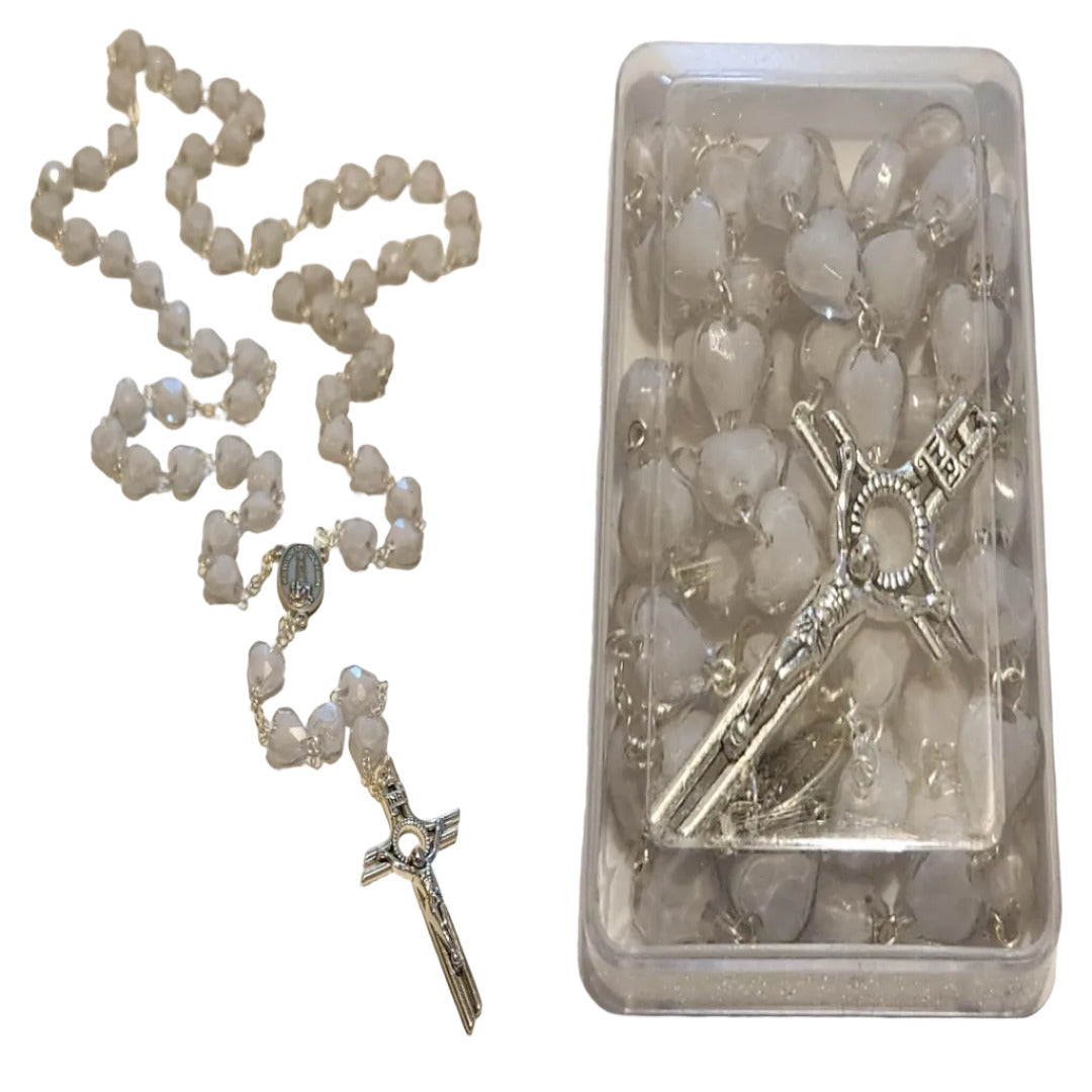 SILVER LONG ROSARY WITH LARGE WHITE HEART SHAPE BEADS