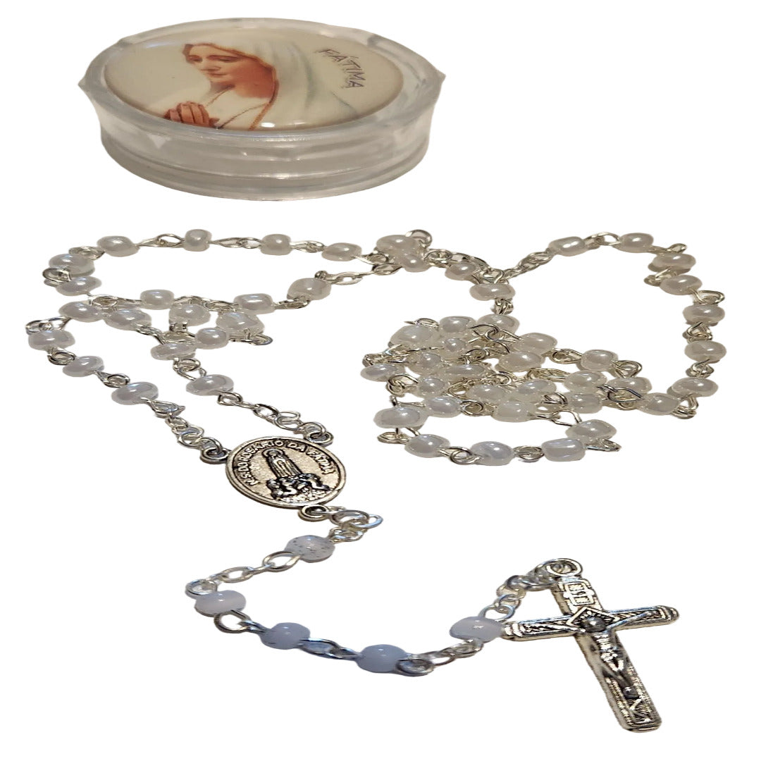 OUR LADY OF FATIMA WHITE BEADS SMALL ROSARY