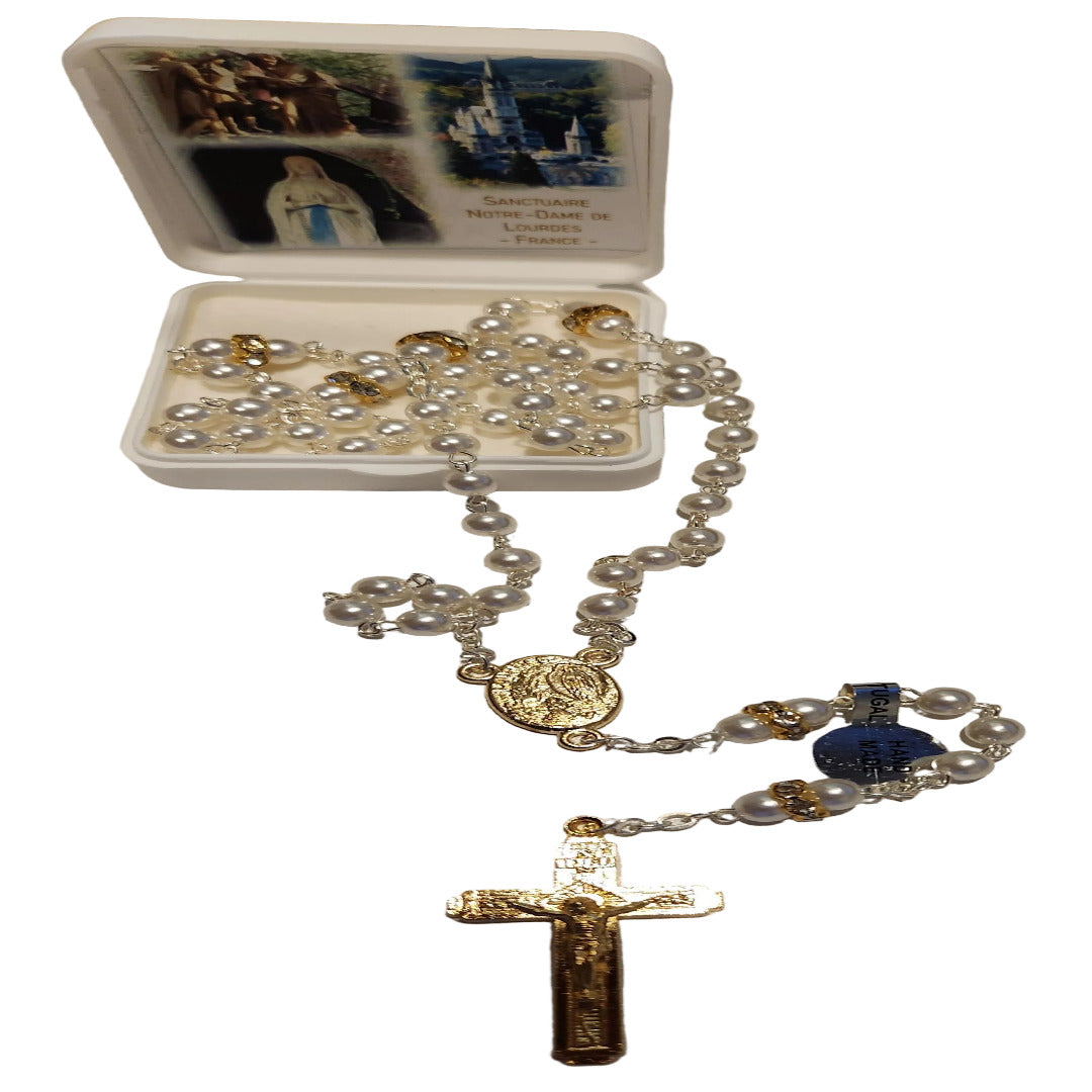 HANDMADE OUR LADY OF LOURDES ROSARY IN PEARLY BEADS GOLD STRASS