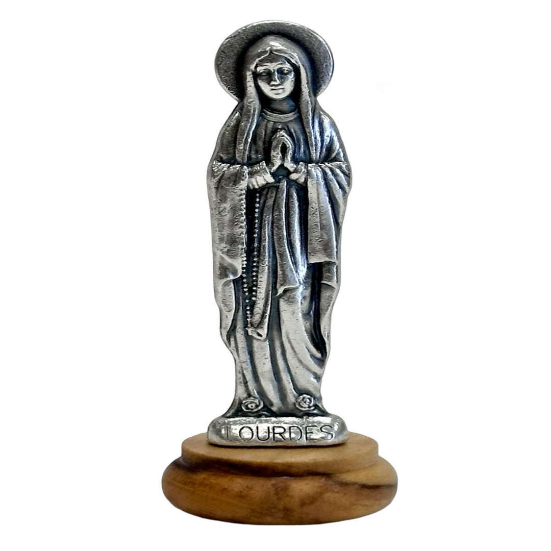 OUR LADY OF LOURDES MINI-STATUETTE ON WOOD BASE
