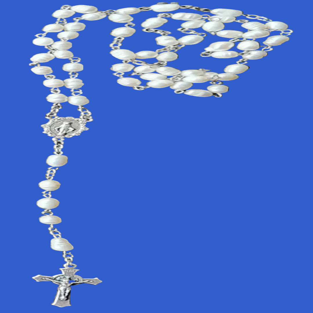 HANDMADE SILVER ROSARY IN FRESHWATER PEARL BEADS