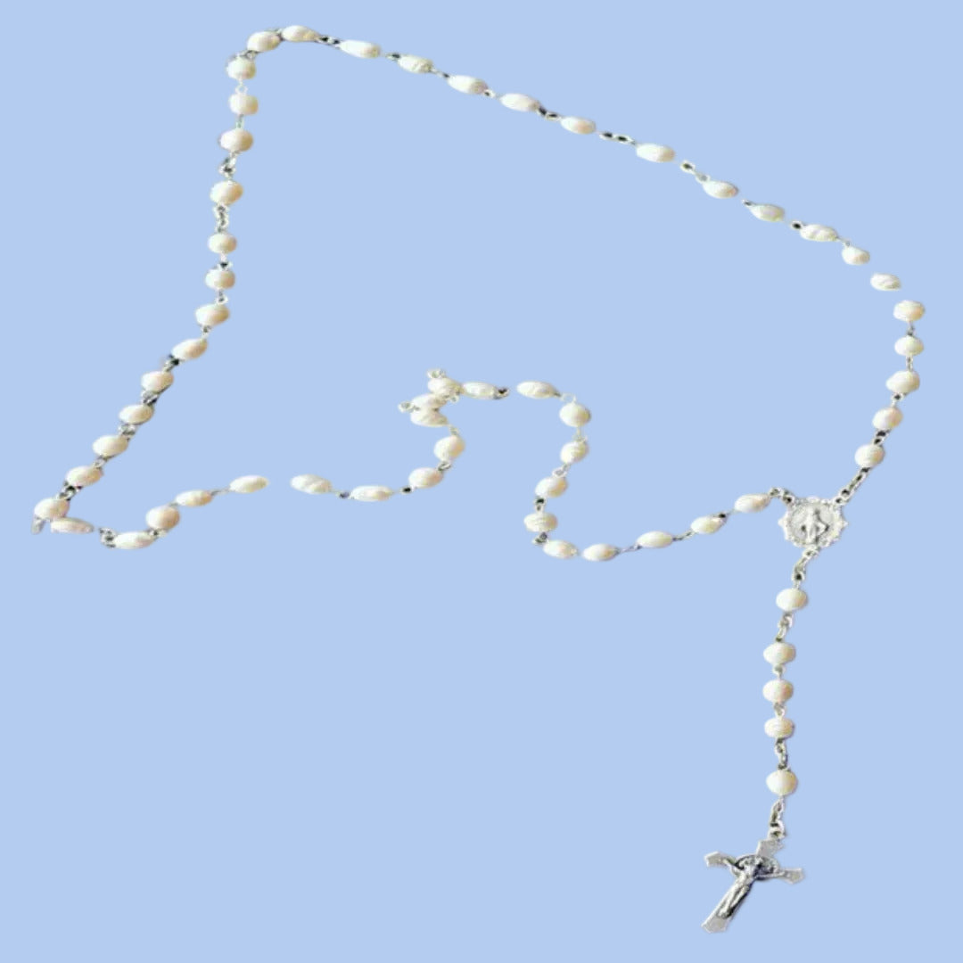 HANDCRAFTED SILVER ROSARY IN FRESHWATER PEARL BEADS