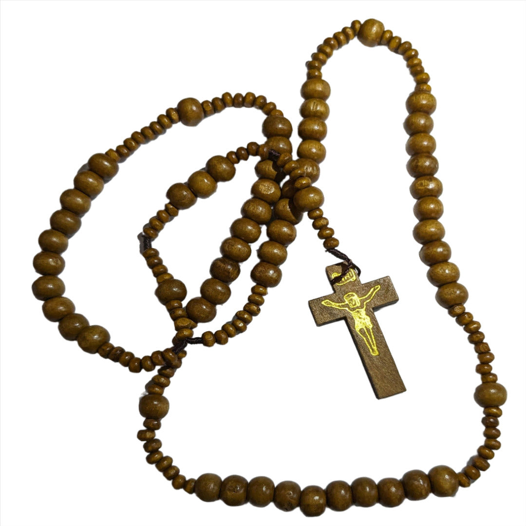 ROSARY IN CORD AND WOOD BEADS WITH WOOD CRUCIFIX