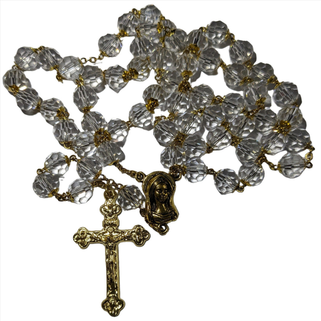 HANDMADE ROSARY IN 70CM GOLDEN RHINESTONE SILVER GLASS CRYSTAL BEADS