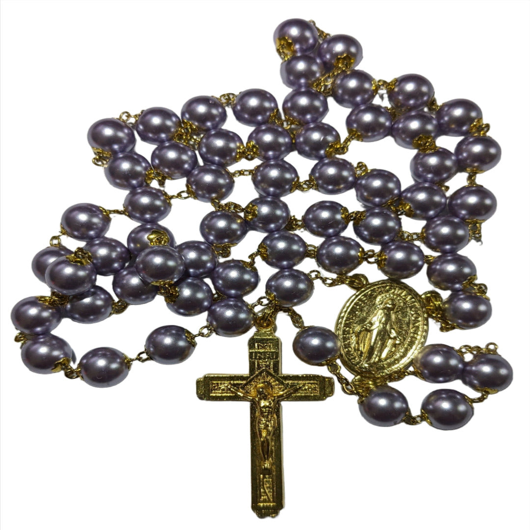ROSARY IN 70CM GOLDEN GREY PEARLY BEADS WITH GOLD METAL CROSS AND OUR LADY OF MIRACULOUS MEDAL