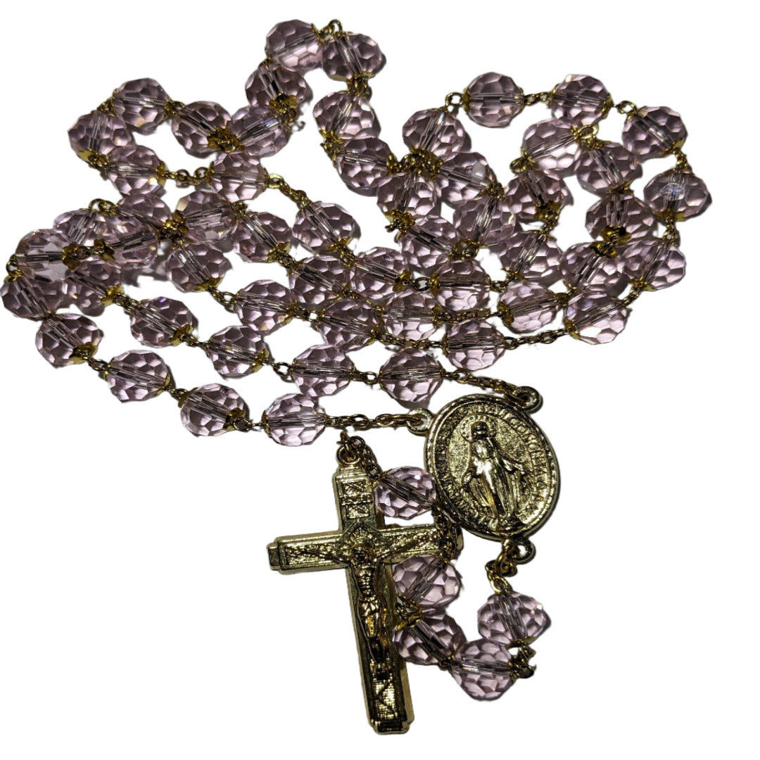 HANDMADE ROSARY IN GOLDEN PINK CRYSTAL BEADS