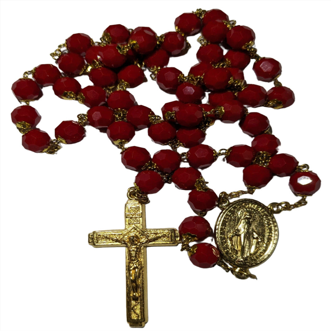 HANDMADE ROSARY IN 70CM GOLDEN RED ORNATE CRYSTAL BEADS