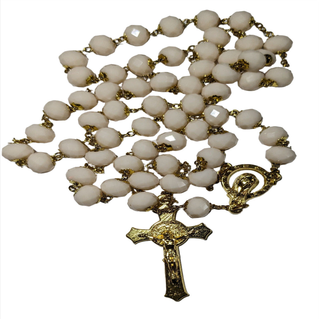 HANDMADE ROSARY IN 70CM GOLDEN WHITE CRYSTAL BEADS