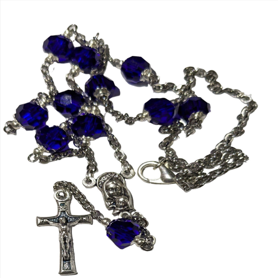 HANDMADE NECKLACE ROSARY IN DEEP BLUE CRYSTAL BEADS