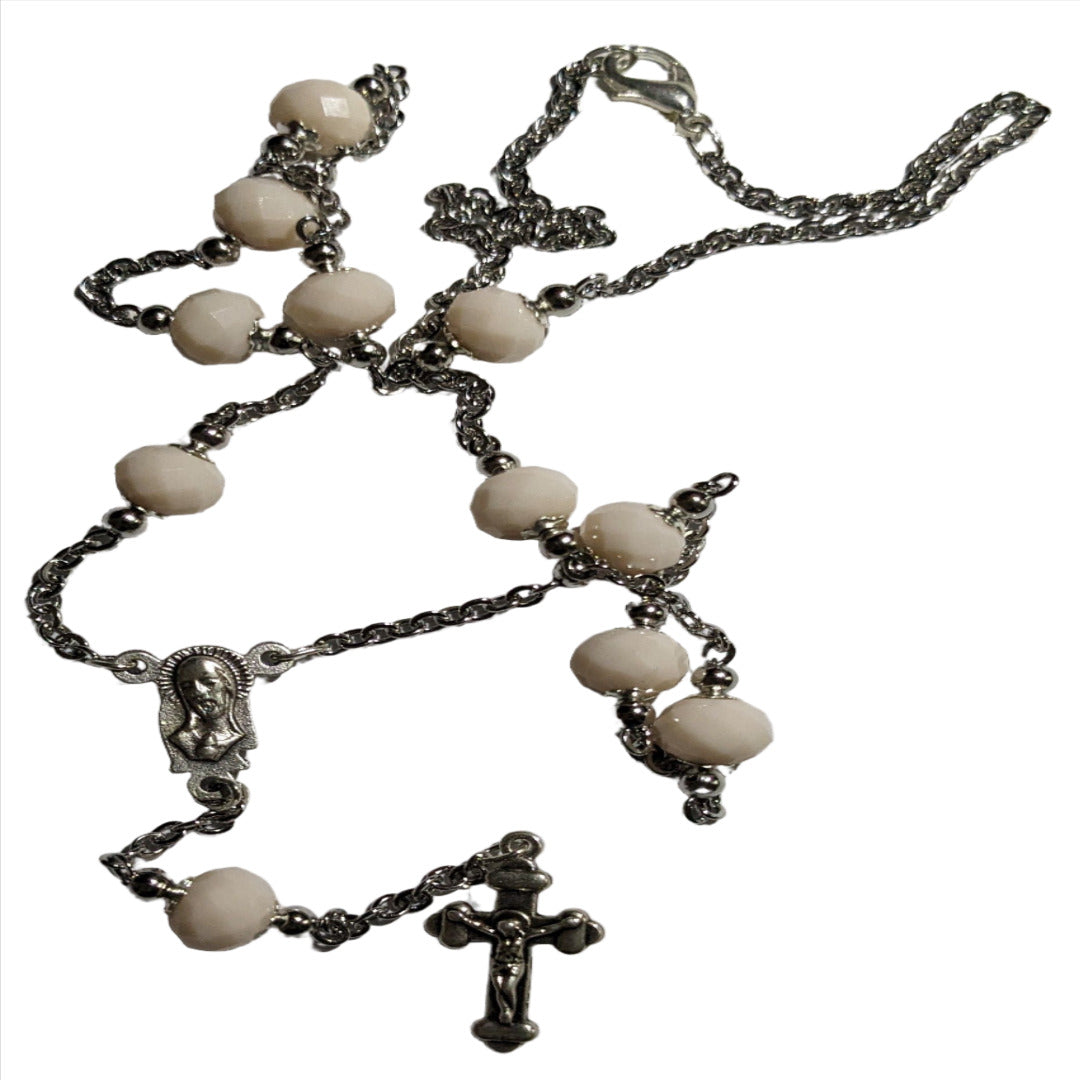 HANDMADE NECKLACE ROSARY IN WHITE GLASS BEADS
