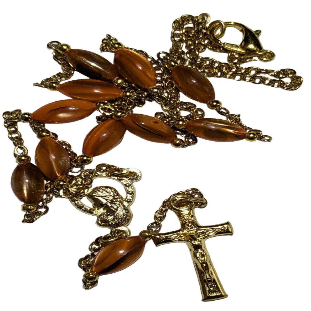 HANDMADE NECKLACE ROSARY IN AGATE BROWN GLASS BEADS