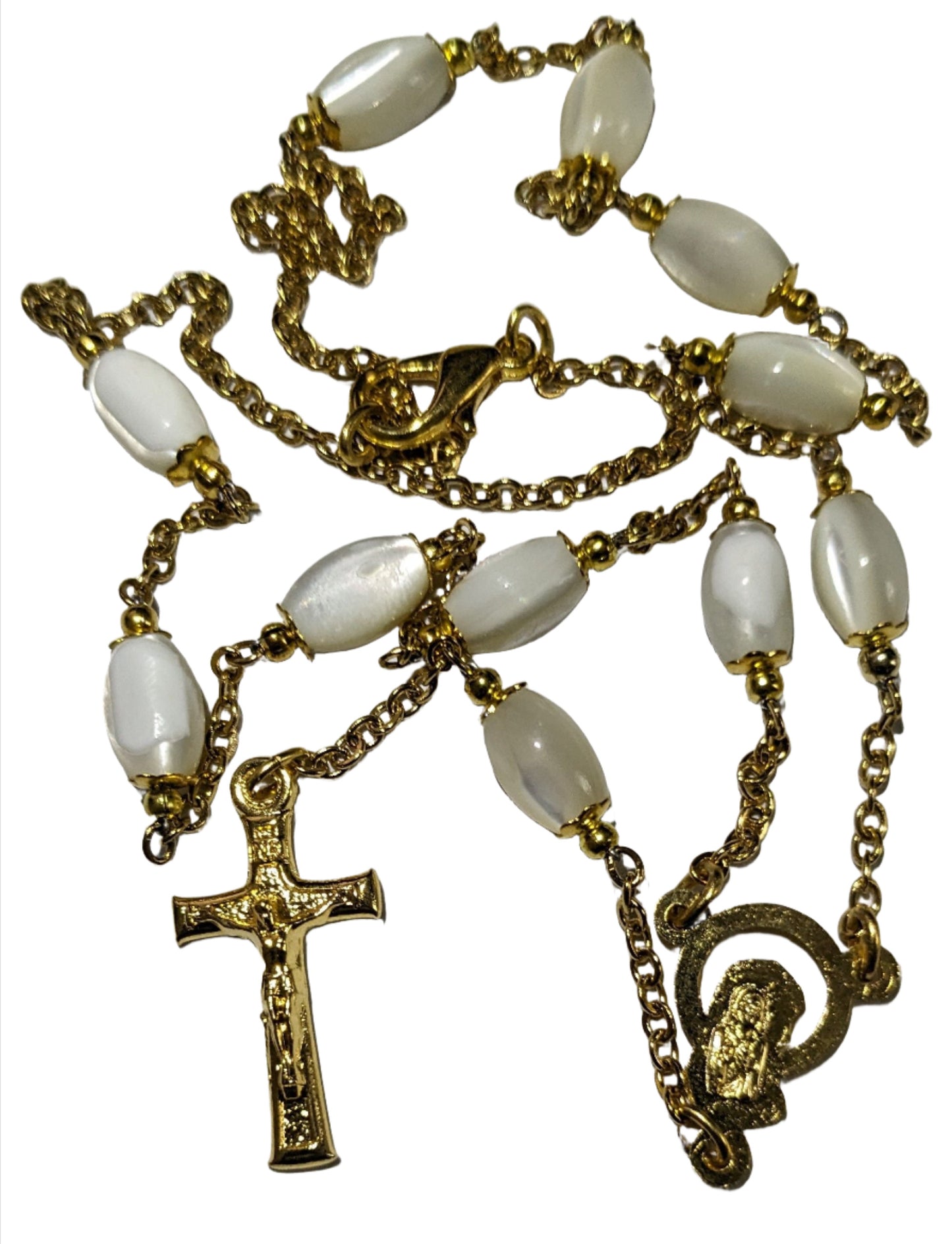 HANDMADE NECKLACE ROSARY IN WHITE OBLONG PEARLY GLASS BEADS