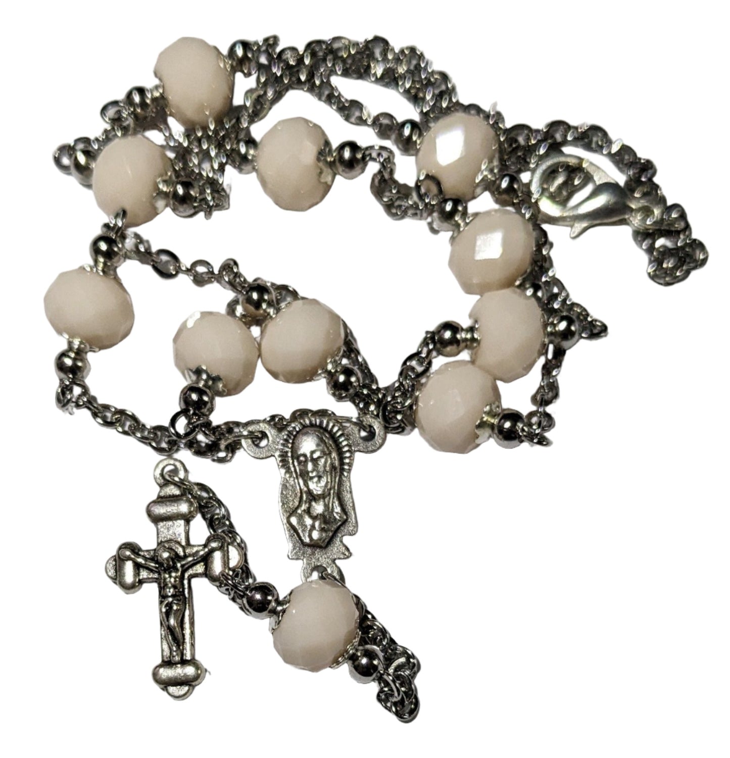 HANDMADE NECKLACE ROSARY IN WHITE ROUND PEARLY GLASS BEADS