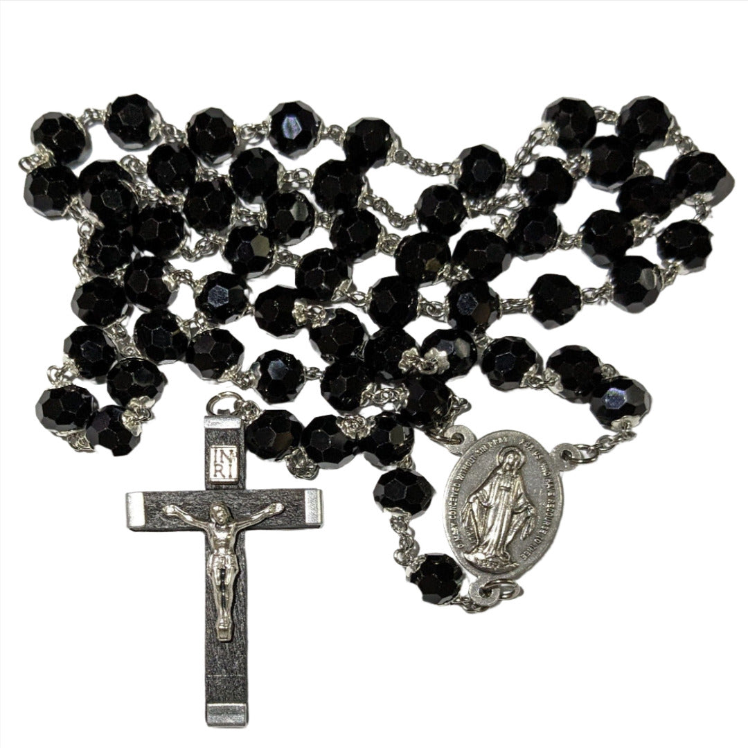 HANDMADE ROSARY IN 70CM SILVER BLACK BEADS
