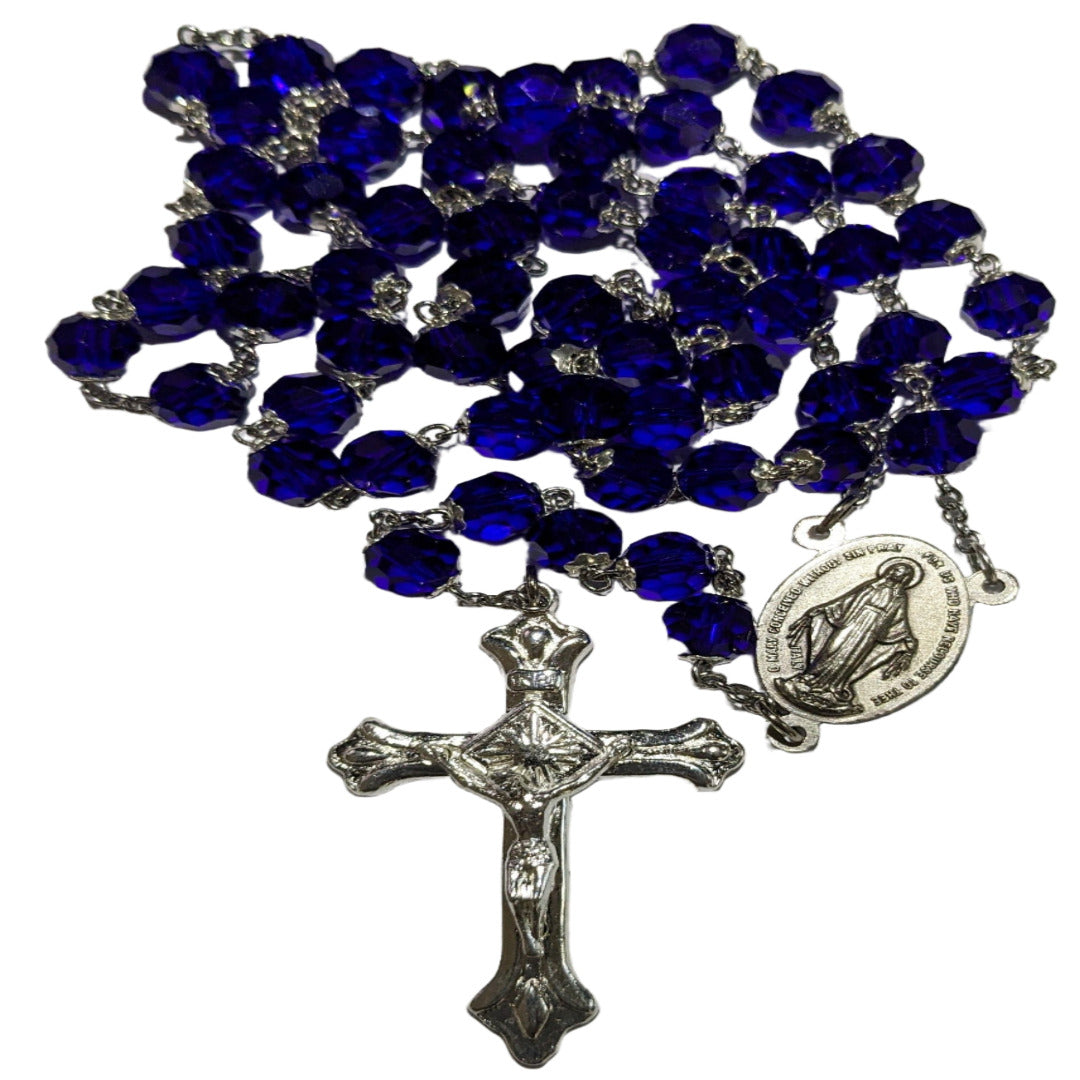 HANDMADE ROSARY IN 70CM SILVER BLUE GLASS ORNATE BEADS