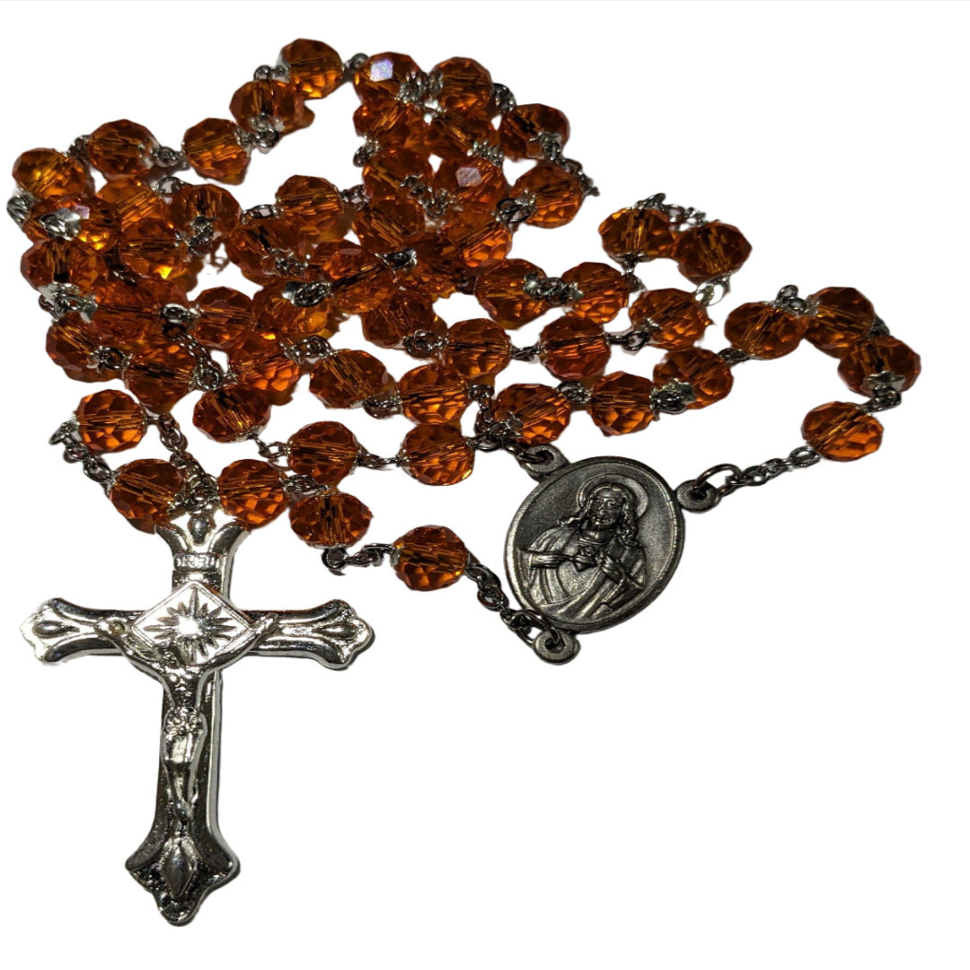 HANDMADE ROSARY IN 70CM GOLD ORANGE CRYSTAL BEADS