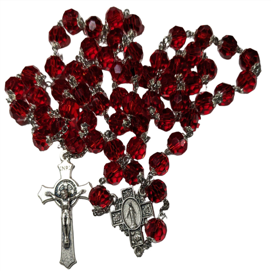 HANDMADE ROSARY IN 70CM SILVER RED RHINESTONE GLASS CRYSTAL BEADS