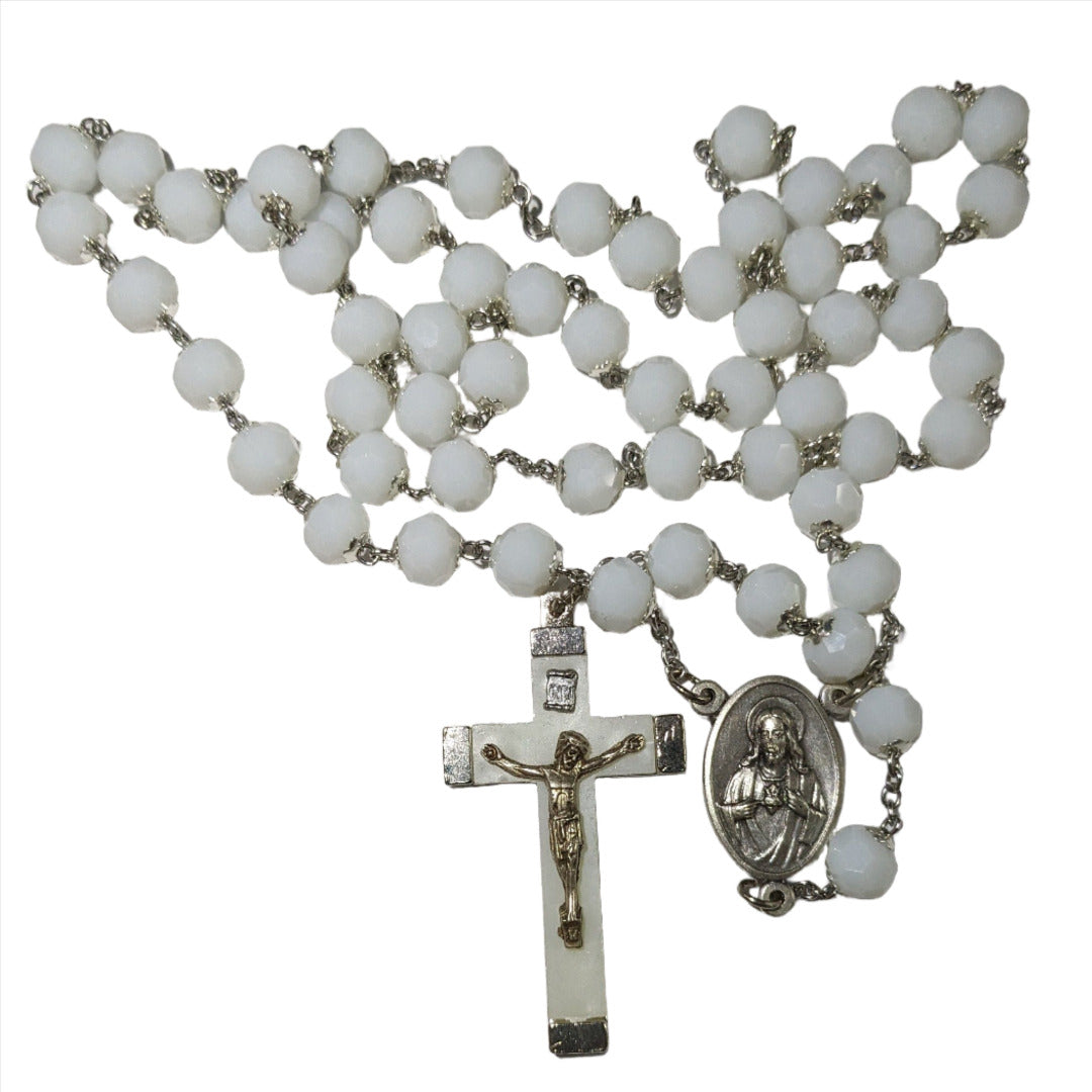 HANDMADE ROSARY IN 70CM SILVER WHITE GLASS BEADS WITH LUMINOUS CROSS