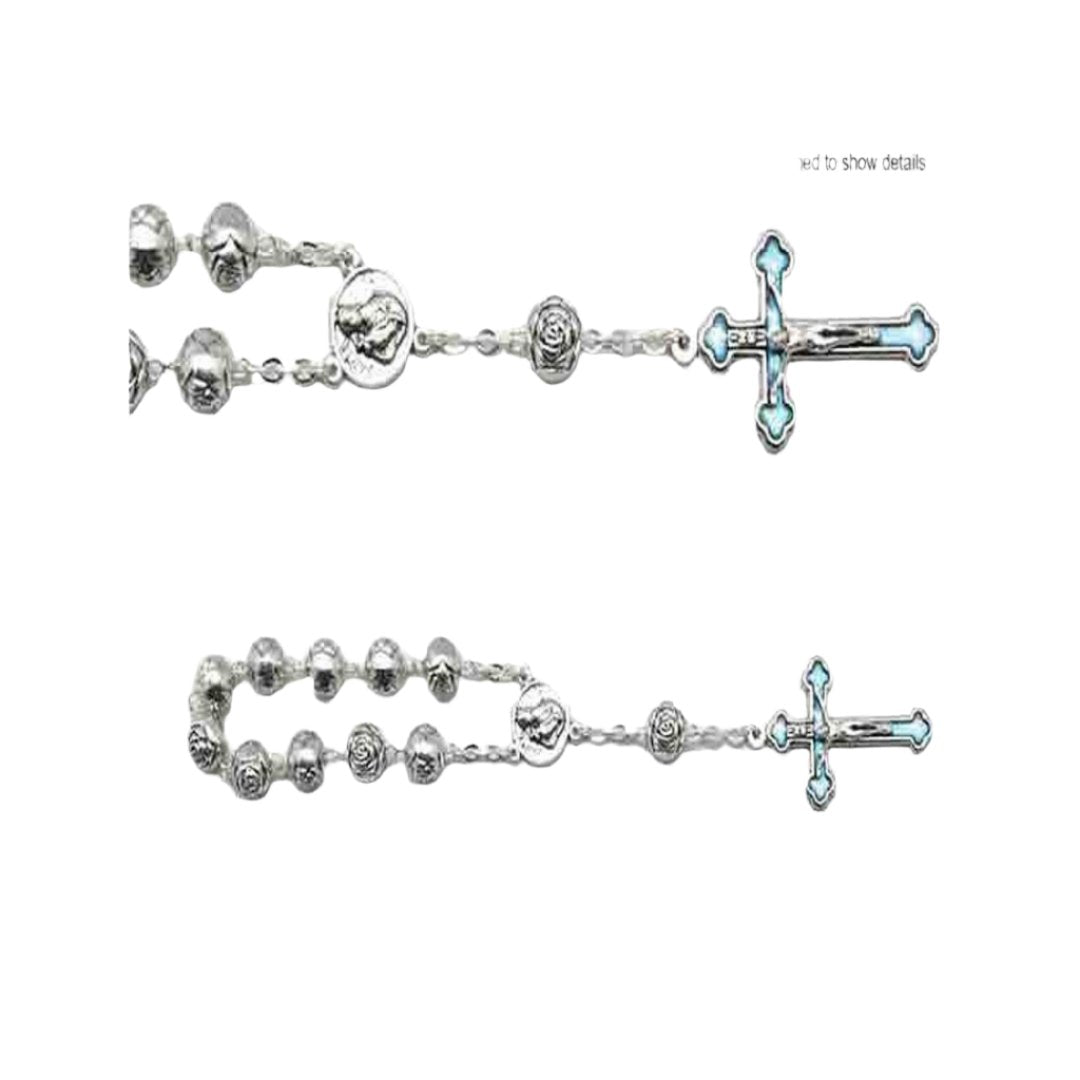 ROSARY RING IN ENAMEL ROSE BEADS AND CRUCIFIX