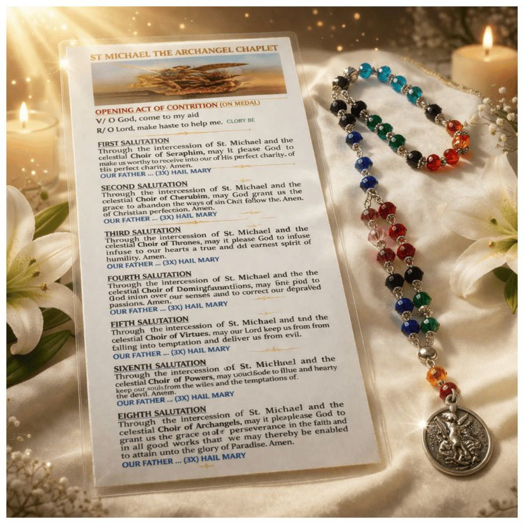 THE CHAPLET OF ST MICHAEL THE ARCHANGEL IN HANDMADE SILVER MULT-ICOLOUR BEADS ROSARY WITH PRAYER CARD 2