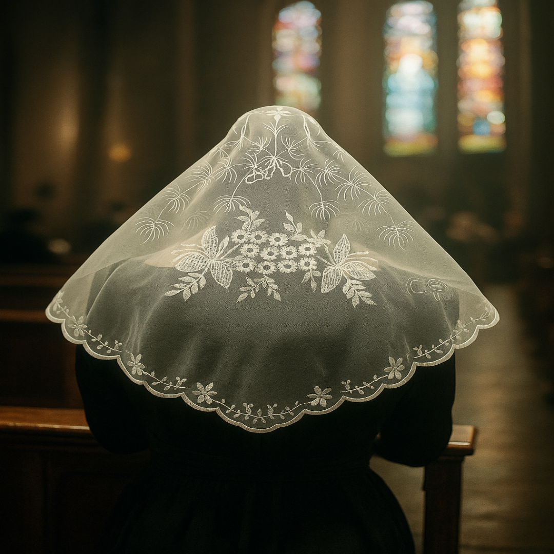 CHURCH VEIL OR MANTILLA IN TRIANGLE SHAPE WITH SCALLOPED EDGE