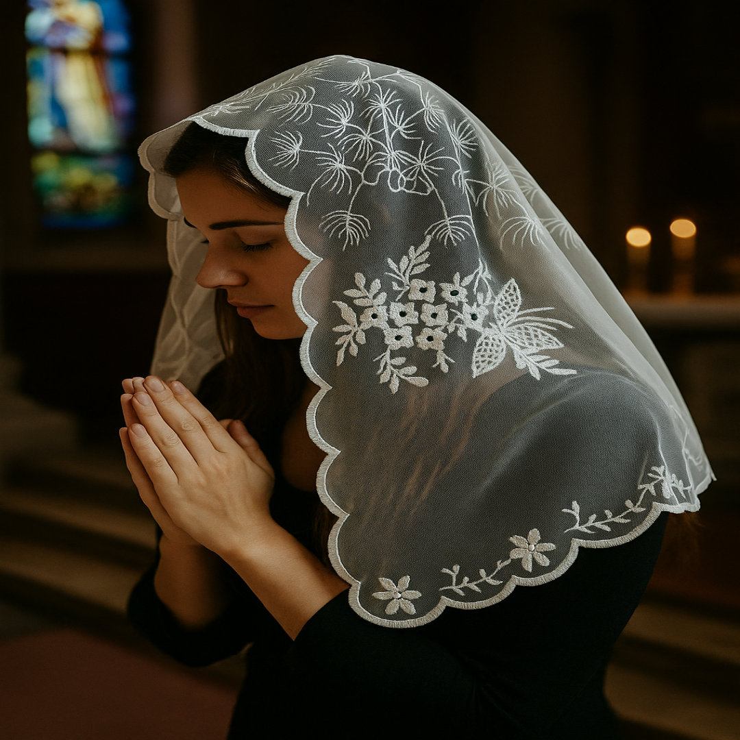 CHURCH VEIL OR MANTILLA IN TRIANGLE SHAPE WITH SCALLOPED EDGE