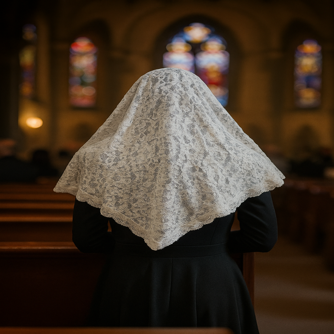 CHURCH VEIL OR MANTILLA IN WHITE TRIANGLE SHAPE DOUBLE-SIDED LACE