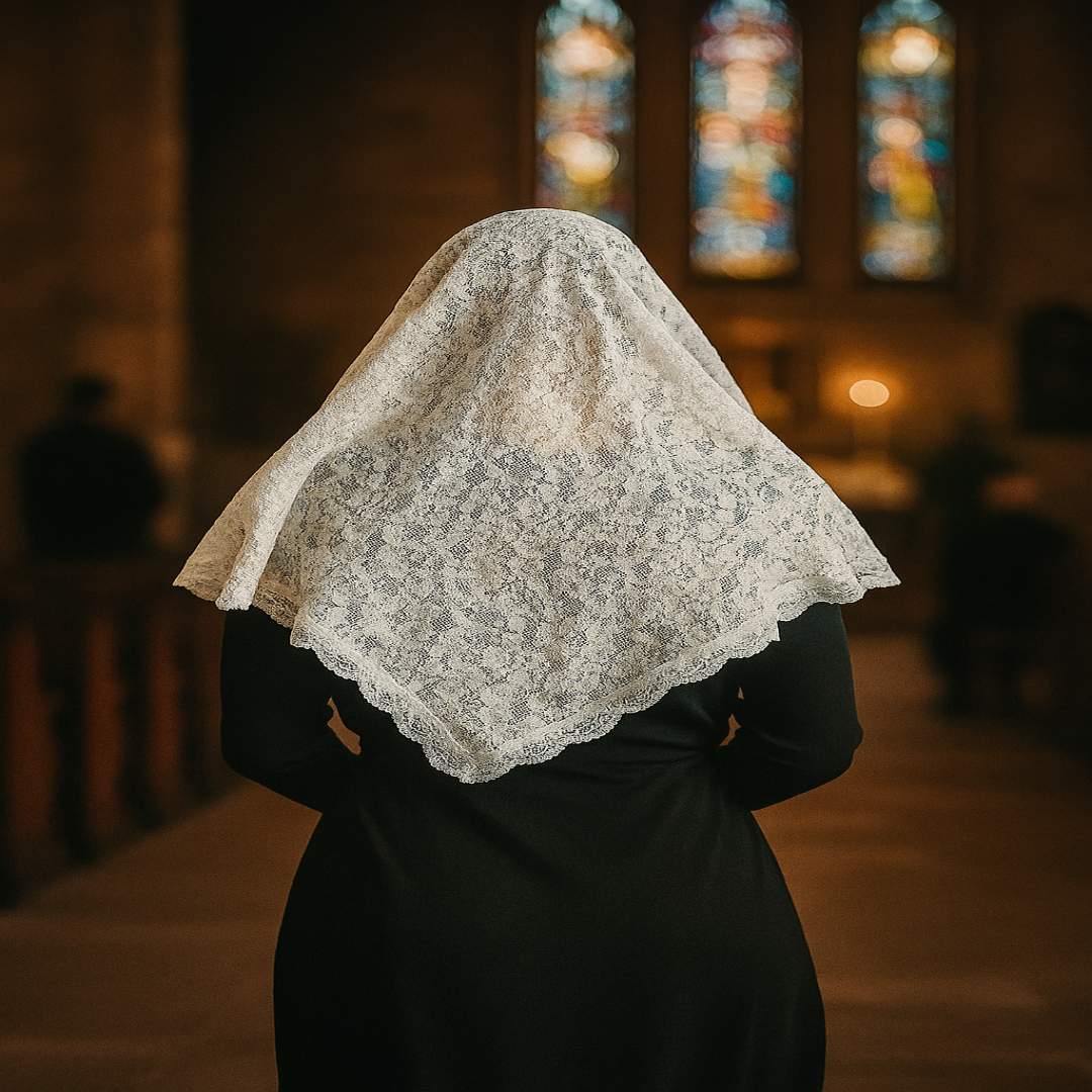 CHURCH VEIL OR MANTILLA IN WHITE TRIANGLE SHAPE DOUBLE-SIDED LACE