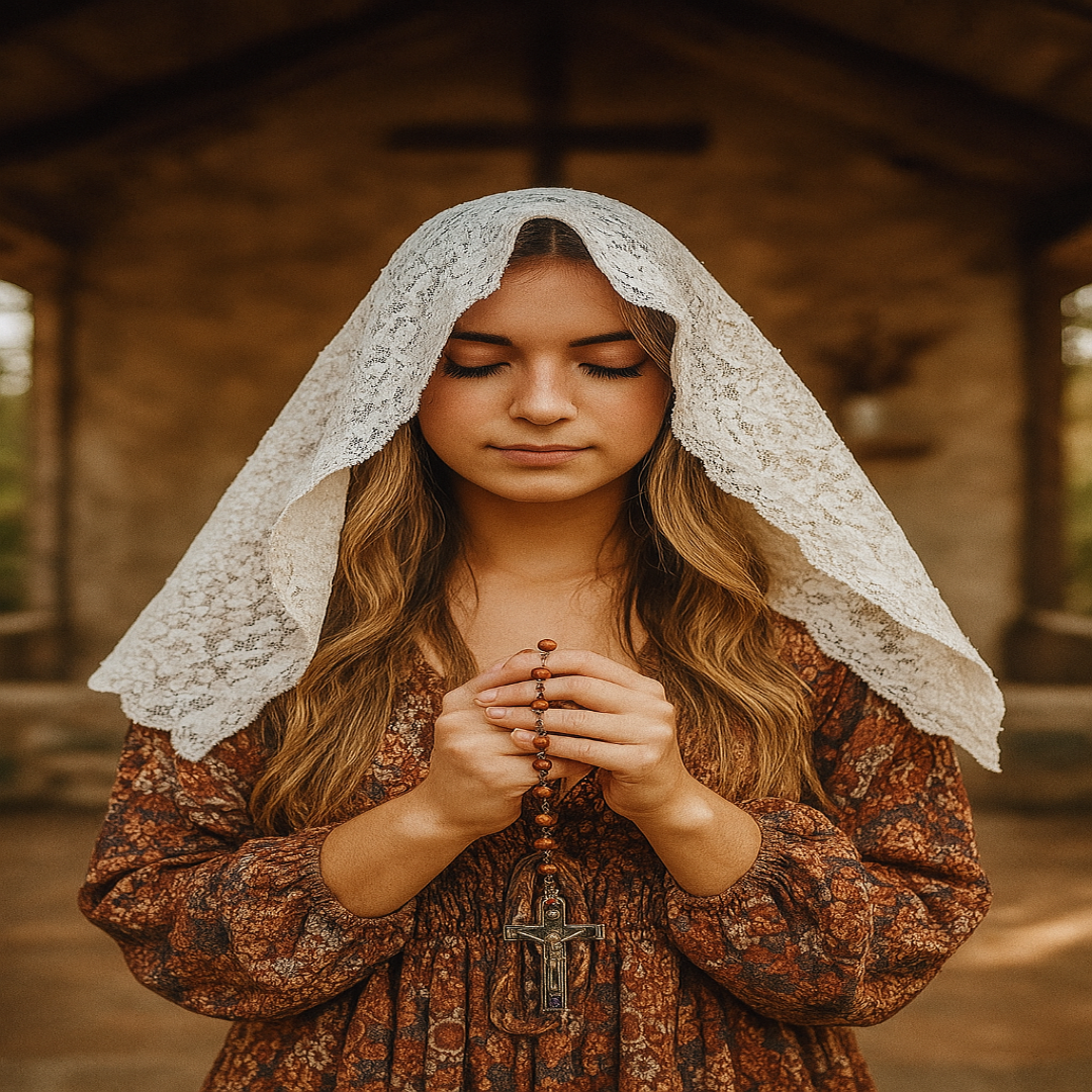 CHURCH VEIL OR MANTILLA IN WHITE TRIANGLE SHAPE DOUBLE-SIDED LACE