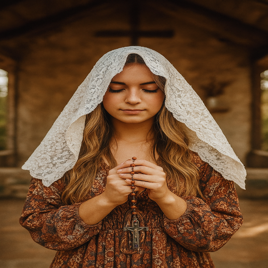 CHURCH VEIL OR MANTILLA IN WHITE TRIANGLE SHAPE DOUBLE-SIDED LACE