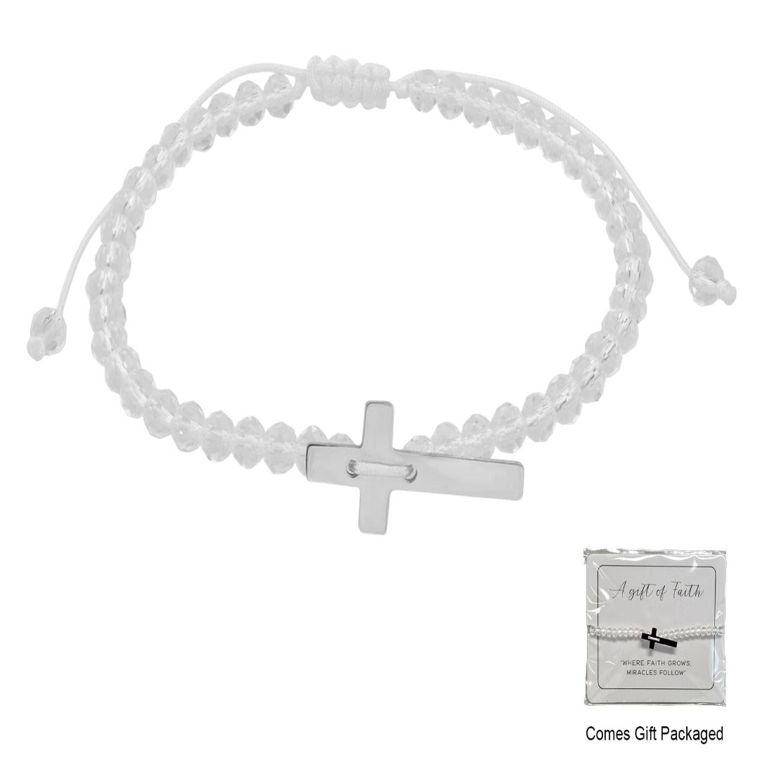 BRACELET WITH WHITE CRYSTAL BEADS AND CROSS