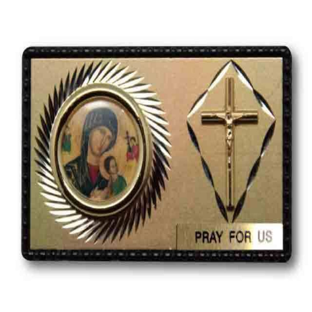 RECTANGULAR MAGNETIC BACKING CAR PLAQUE WITH OLPS AND CRUCIFIX 65 X 40MM