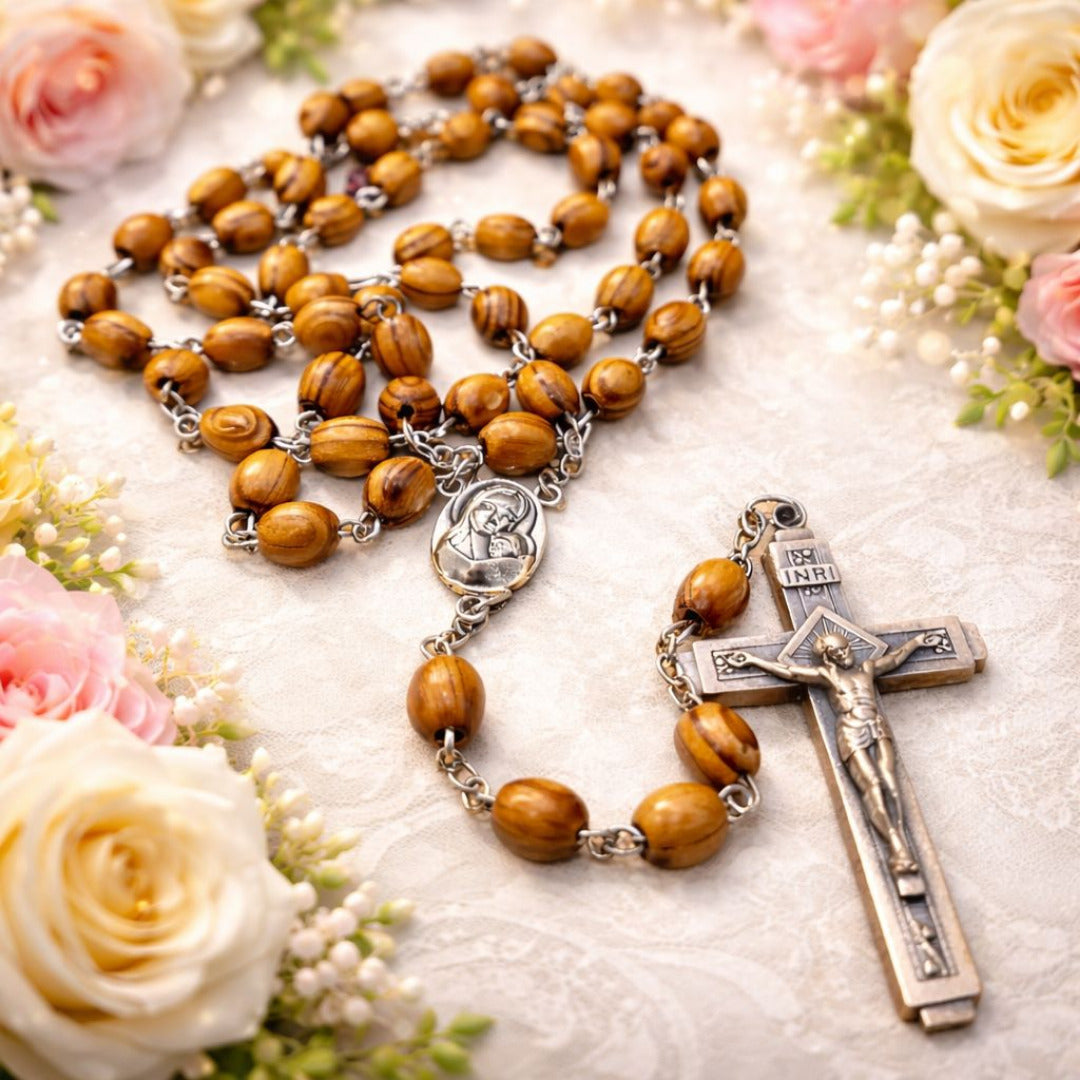 BROWN WOOD BEADS LONG ROSARY