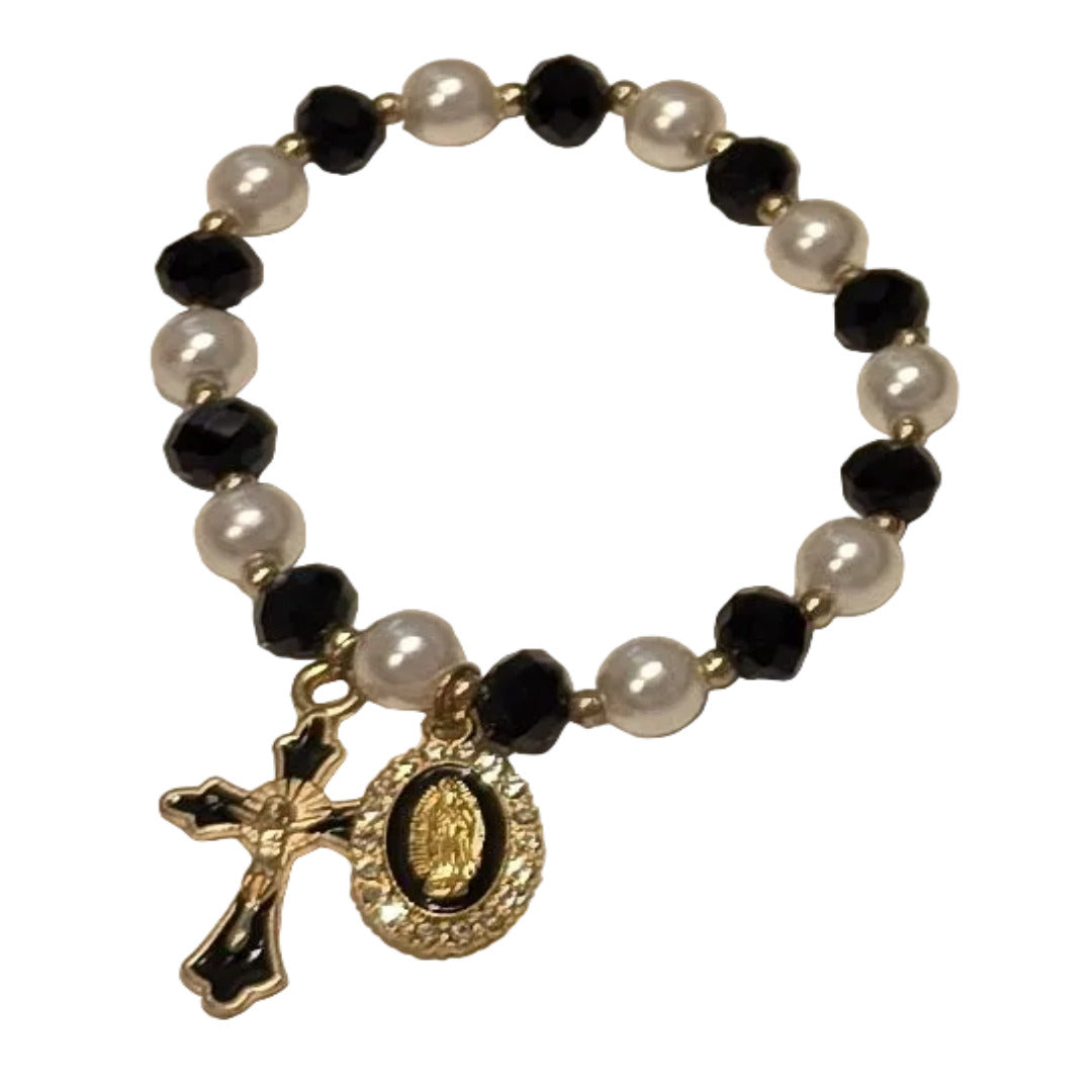 BLACK CRYSTAL GOLD BRACELET WITH PEARLY BEADS