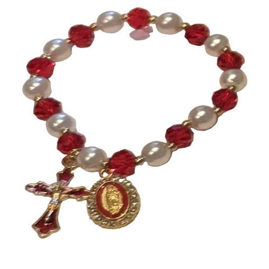 RED CRYSTAL GOLD BRACELET WITH PEARLY BEADS