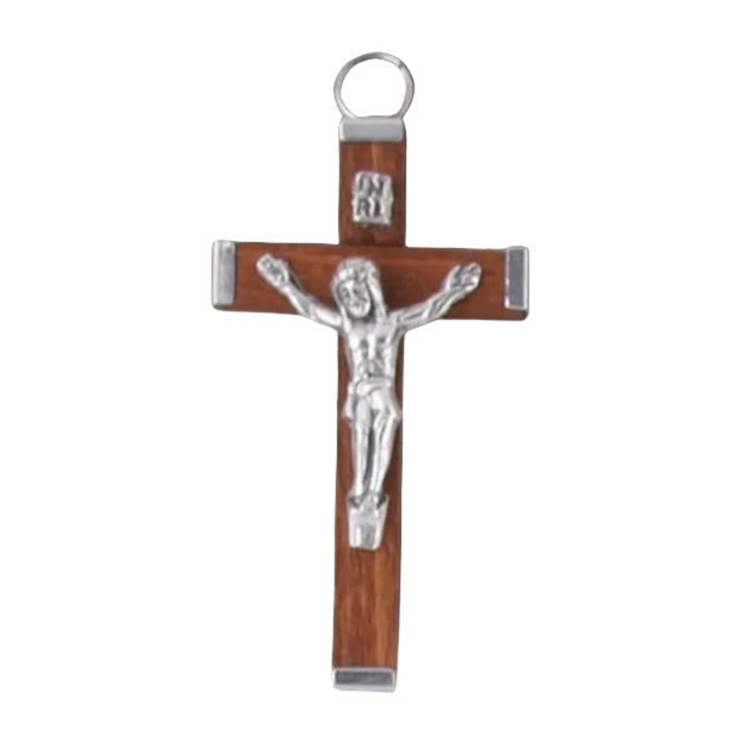 CRUCIFIX BROWN WOOD SILVER TIP 60MM