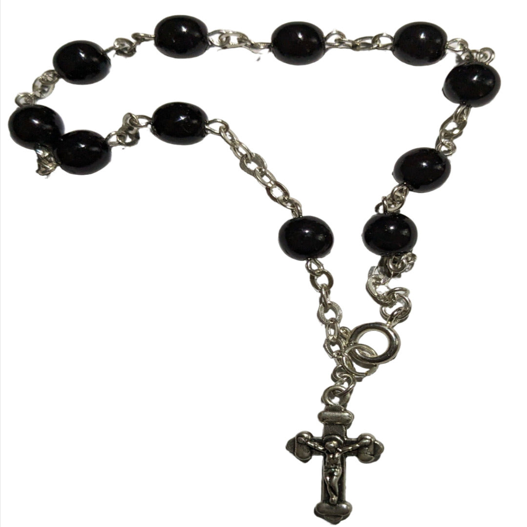 BRACELET ROSARY IN SILVER BLACK GLASS BEADS