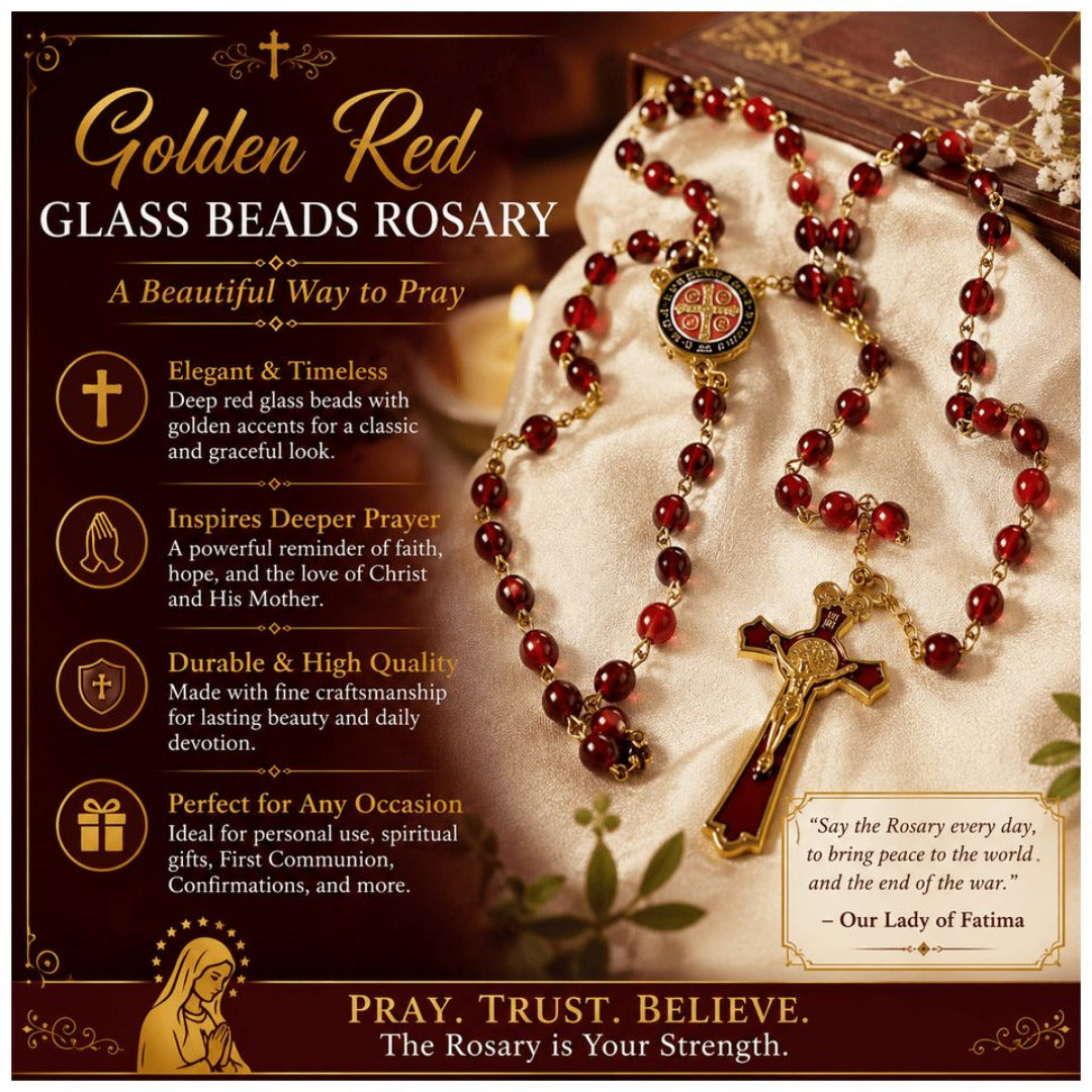 GOLDEN RED GLASS BEADS ROSARY